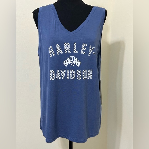 Harley Davidson Double V-Neck Ladies Tank Top Blue. Sz Large - Picture 1 of 10